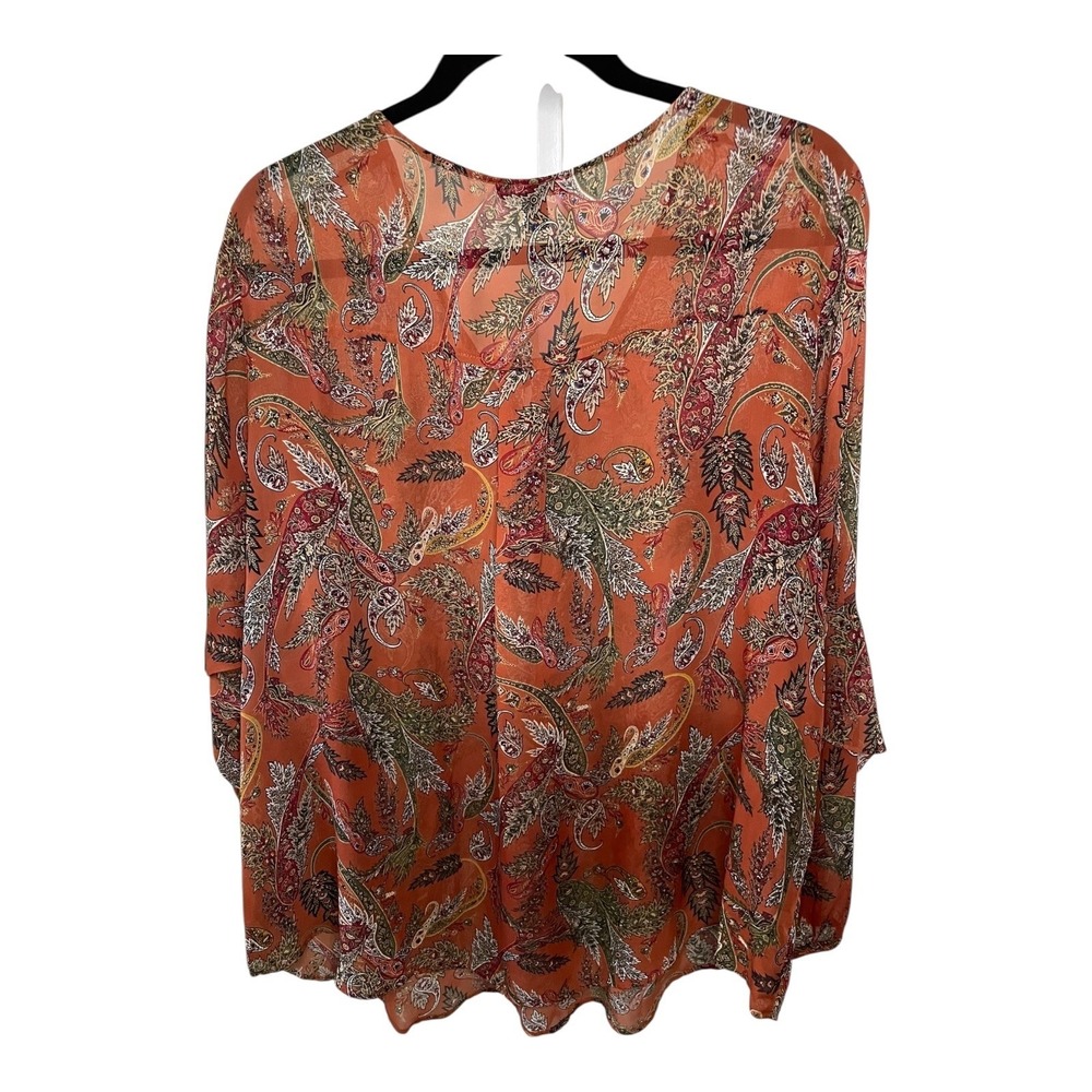 ALYX Womens 2X Blouse Orange Paisley Print Sheer Long Sleeve Tie Neck Top Fall - Picture 4 of 7